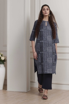 Blue Cotton Printed Straight Kurta