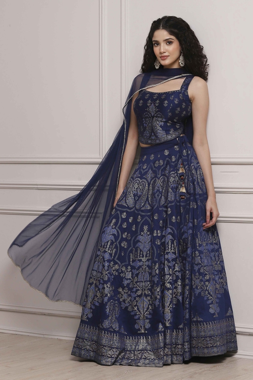 Blue Fitted Printed Lightweight Lehenga Set image number 6