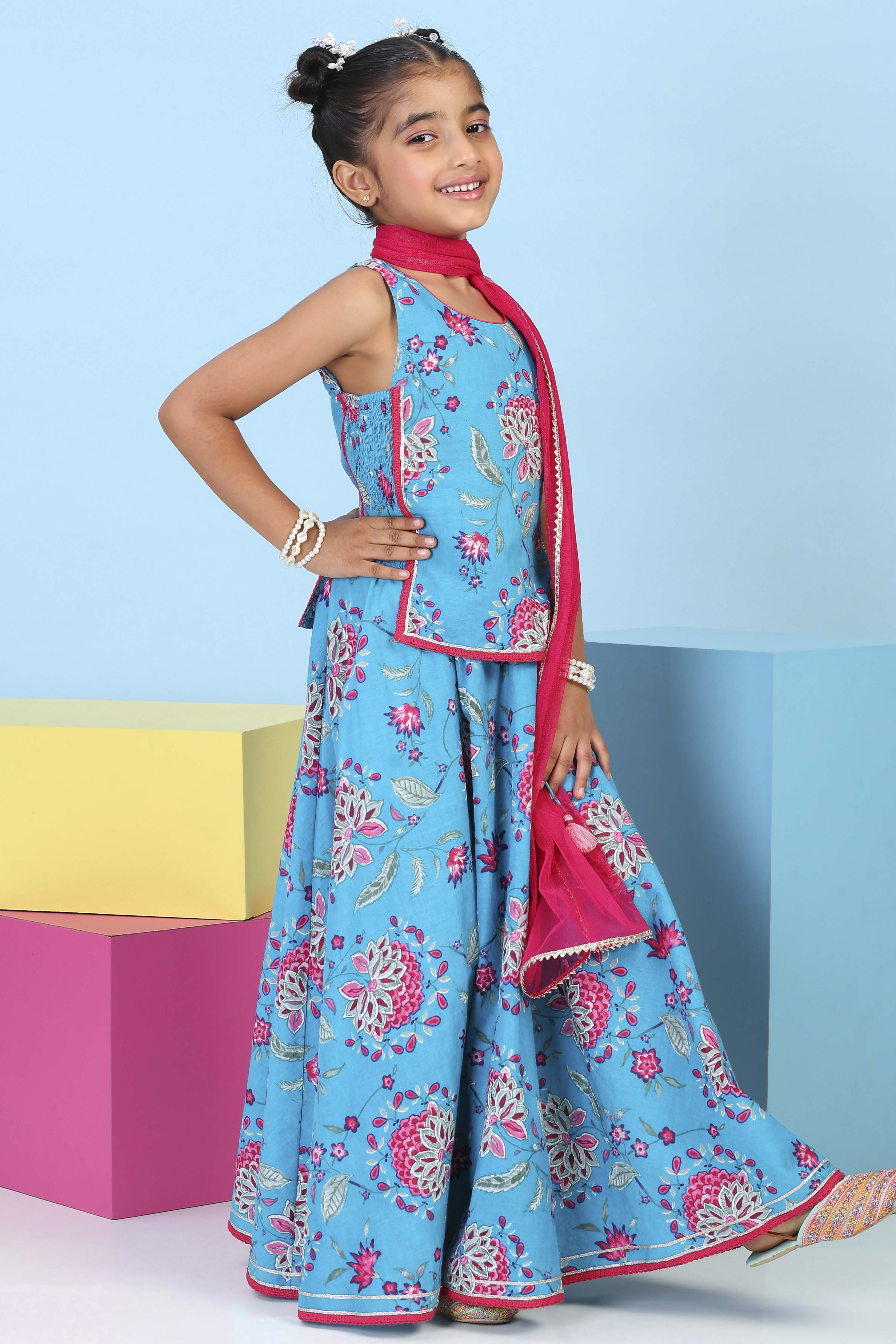Turquoise Cotton Printed Straight Lehenga Set image number 4