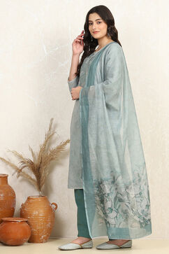 Teal Cotton Unstitched Suit Set image number 4