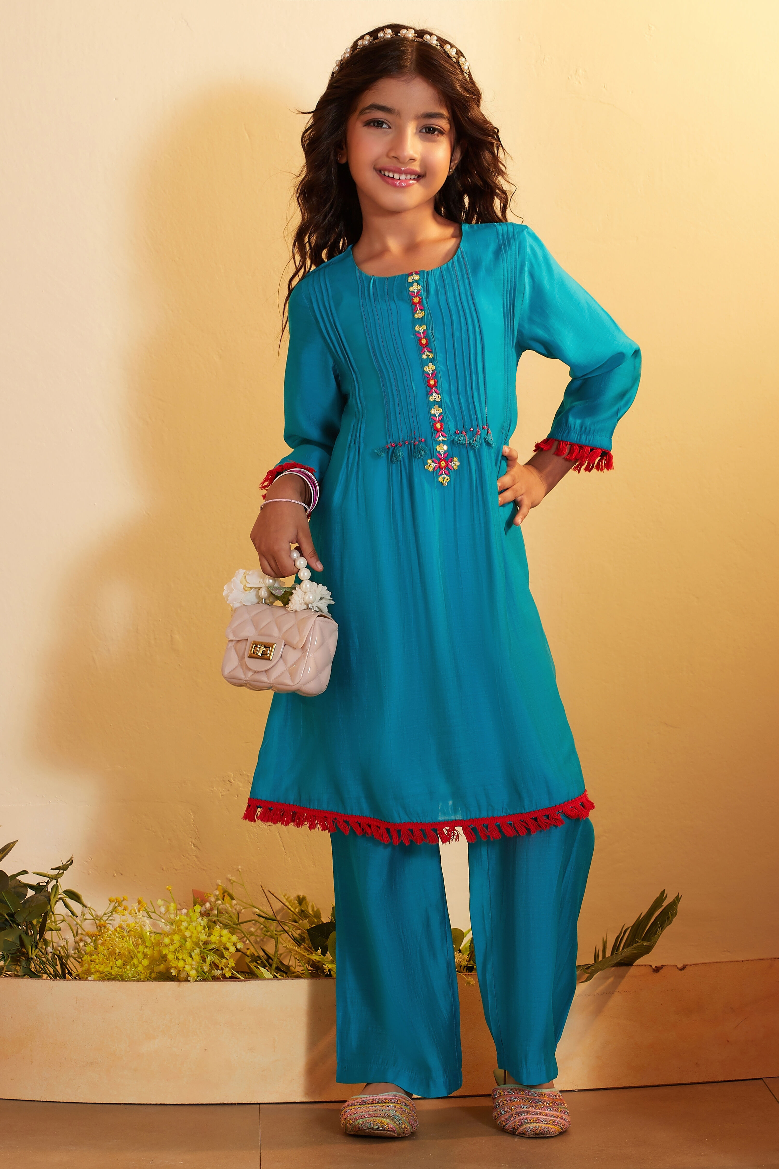 Teal Blue Pleated A-Line Kurta Set image number 0