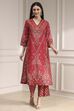 Red Cotton Straight Printed Suit Set