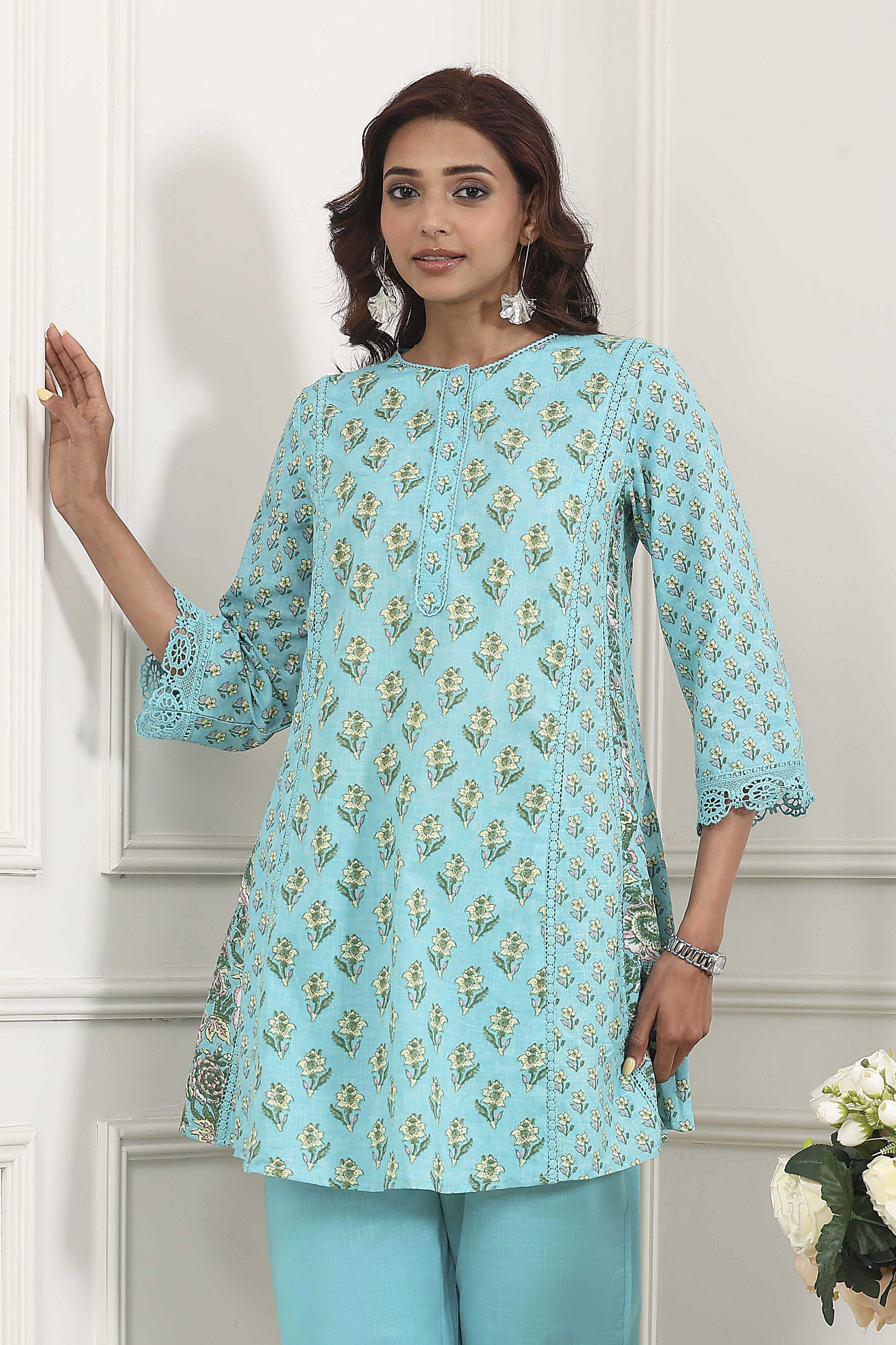 Turquoise Cotton Kalidar Kurta Pants Set image number 7