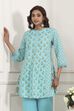Turquoise Cotton Kalidar Kurta Pants Set image number 7