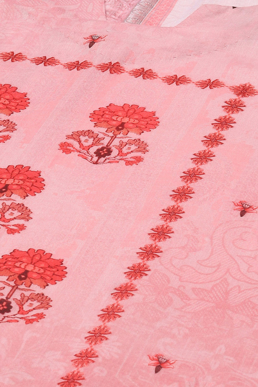 Red Cotton Blend Floral Digital Print Unstitched Suit Set image number 2