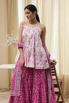 White and Pink Cotton Floral Flared Suit Set image number 6