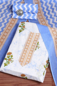 White and Blue Cotton Screen Print Unstitched Suit Set image number 0