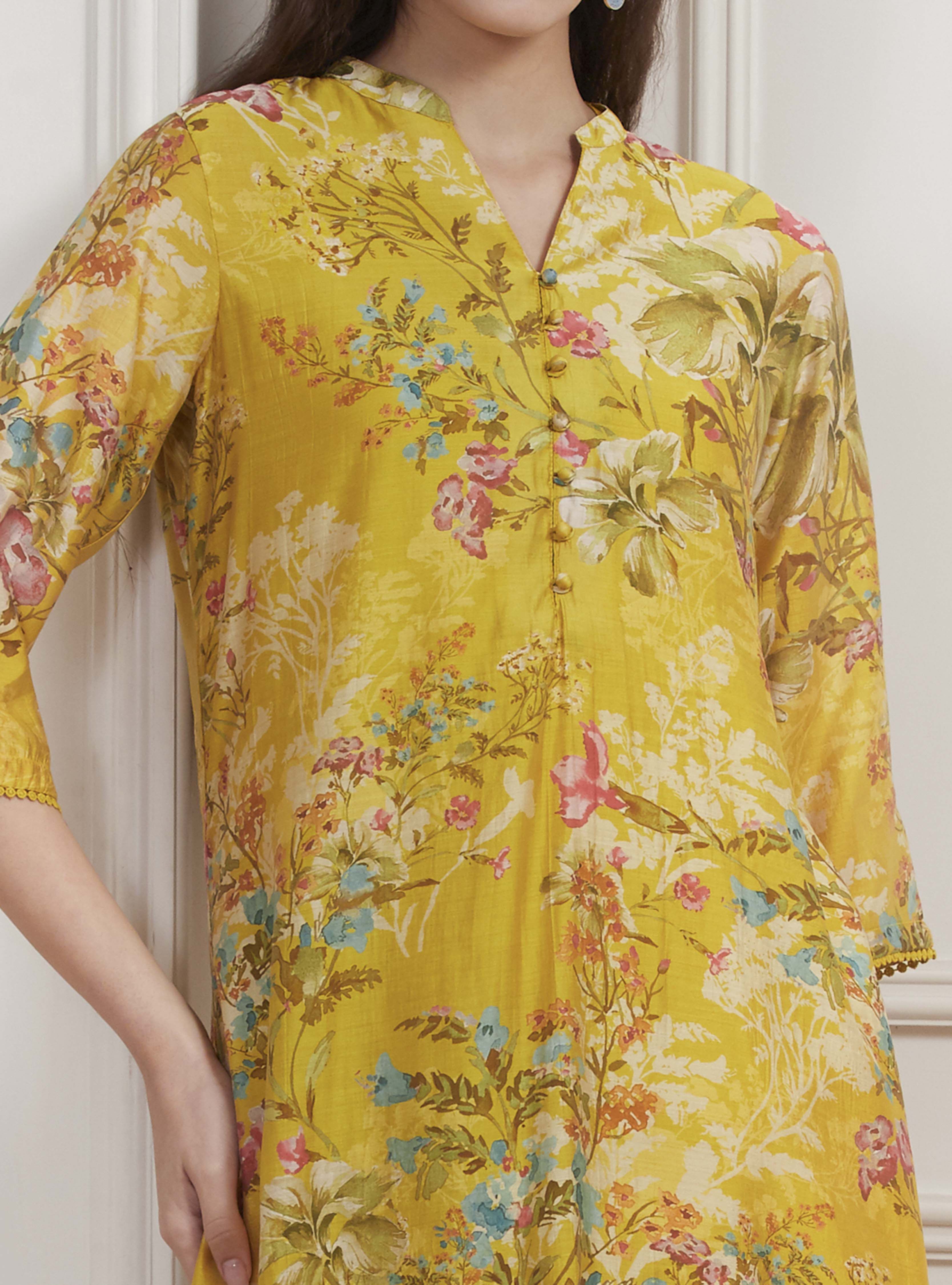 Lime Yellow Chanderi Floral Printed Asymmetric Straight Kurta Set image number 1