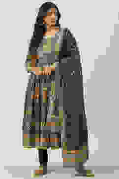 Peacock Blue Cotton Anarkali Kurta Churidar Suit Set image number 5