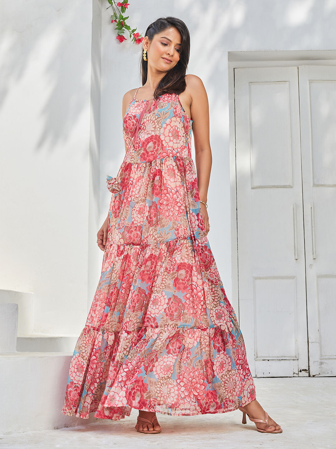 Coral Polyester Tiered Dress image number 0