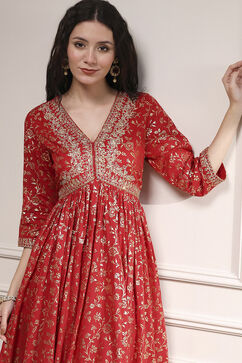 Red Cotton Anarkali Printed Suit Set image number 1