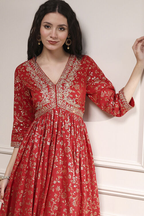 Off White Cotton Anarkali Printed Suit Set image number 1