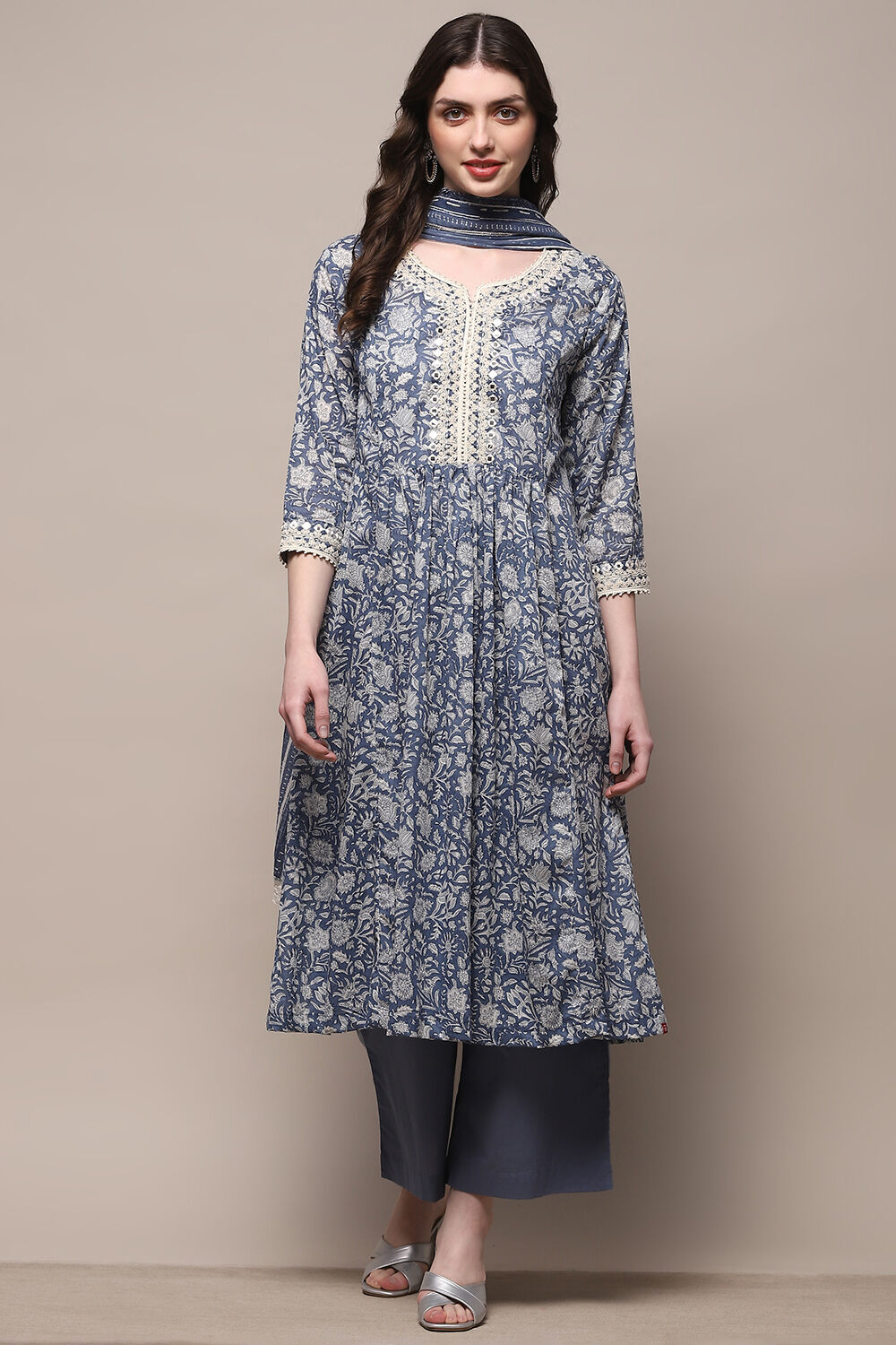 Blue Cotton A-Line Suit Set image number 7