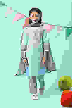 Powder Blue Cotton Kalidar Kurta Slim Pants Suit Set image number 7