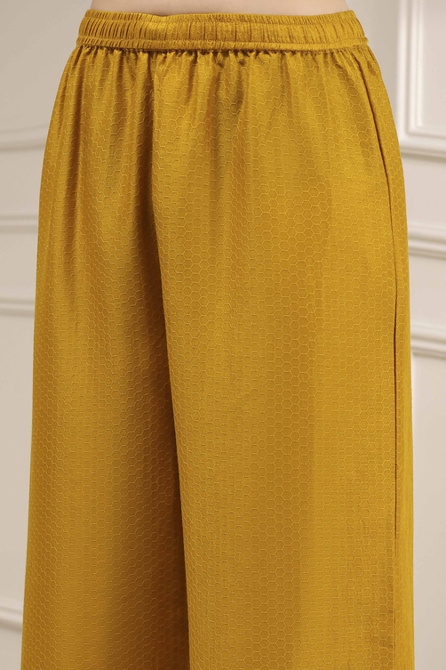 Ochre Yellow Polyester A-Line Dyed Kurta Pants Set image number 2