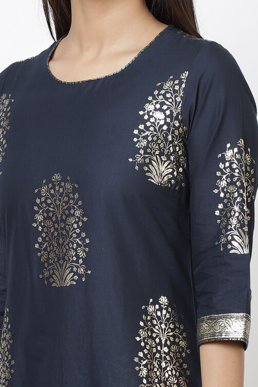 Navy Blue Cotton Straight Kurta Flared Palazzo Suit Set image number 1