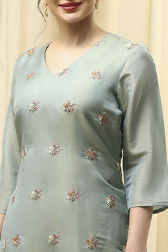Teal Tissue Machine Embroidered Unstitched Suit Set image number 2
