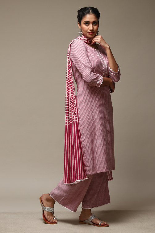 Red Cotton Blend Straight Kurta Palazzo Suit Set image number 6