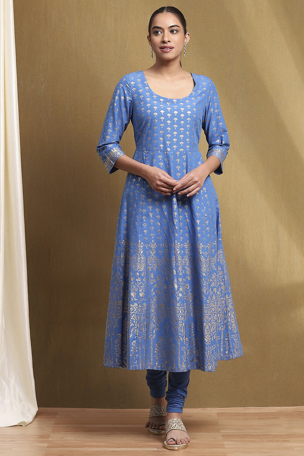 Electric Blue Cotton Printed Anarkali Suit Set image number 6