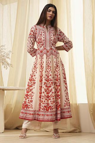 BIBA Rust-White Cotton Anarkali Kurta Sets in Rust-White