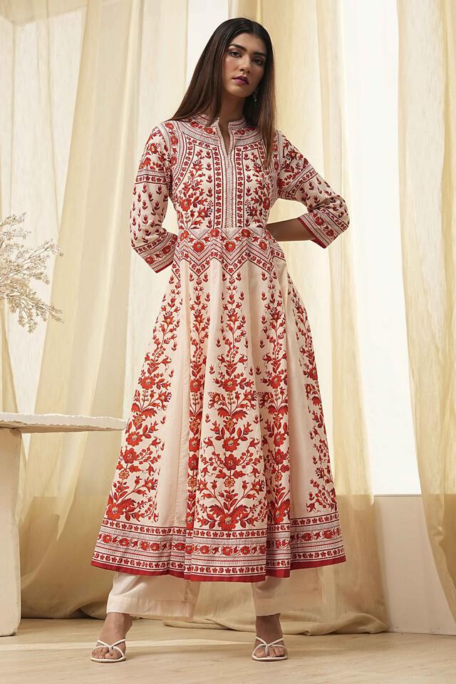 BIBA Rust-White Cotton Anarkali Kurta Sets in Rust-White