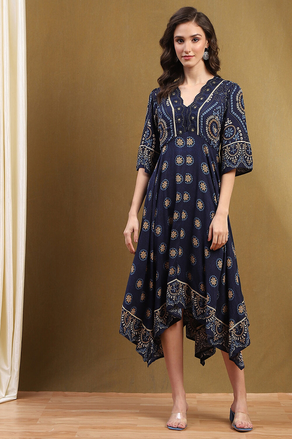 Blue Hand-Blocked Printed Handkerchief Flared Dress image number 5