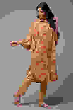 Beige & Red Rayon Straight Printed Kurta image number 4