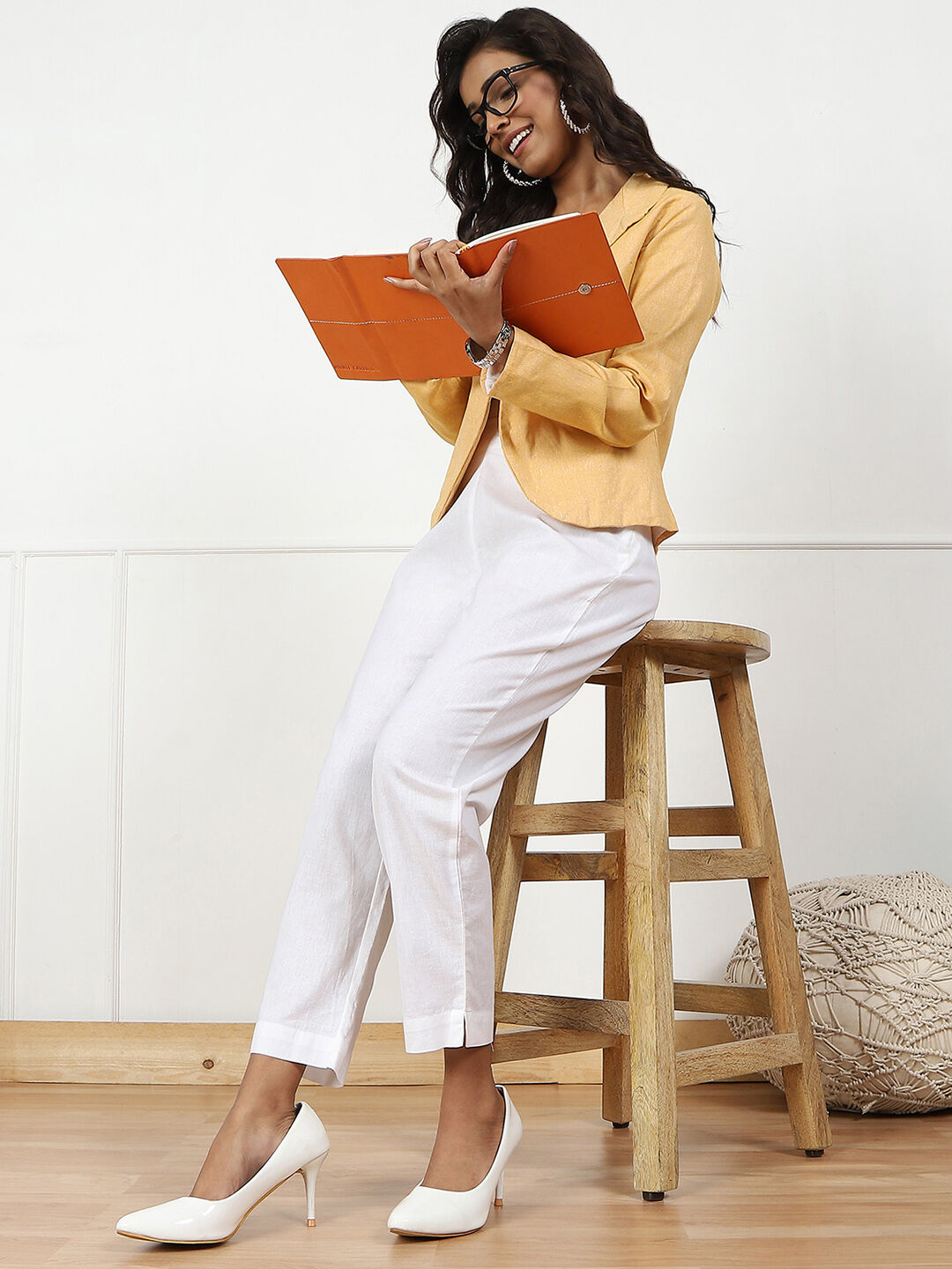 White Cotton Blend Slim Pants image number 0