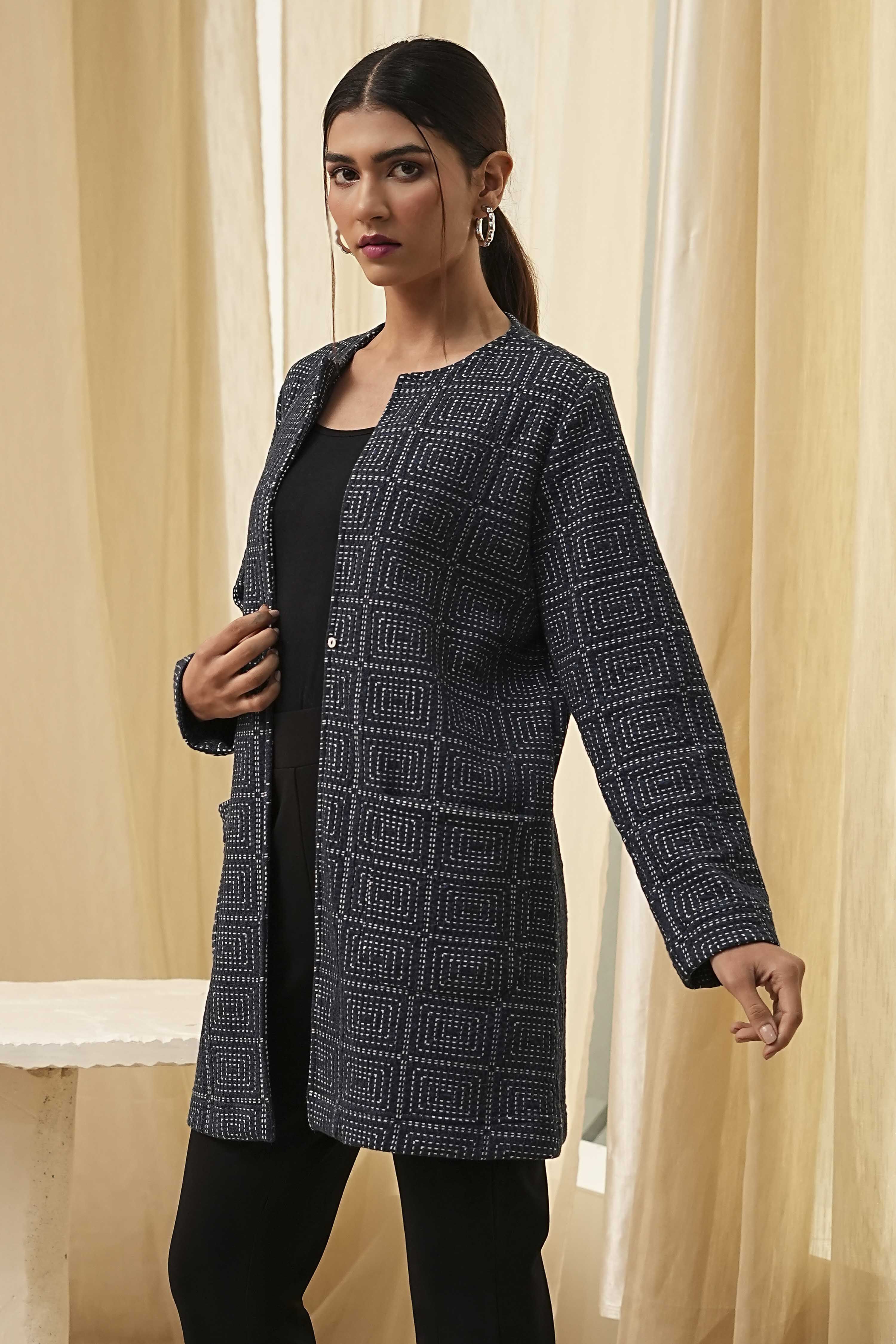 Navy Blue Printed Straight Jacket image number 2