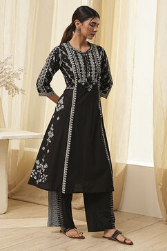 Black Pure Cotton Printed A-line Kurta Set image number 5