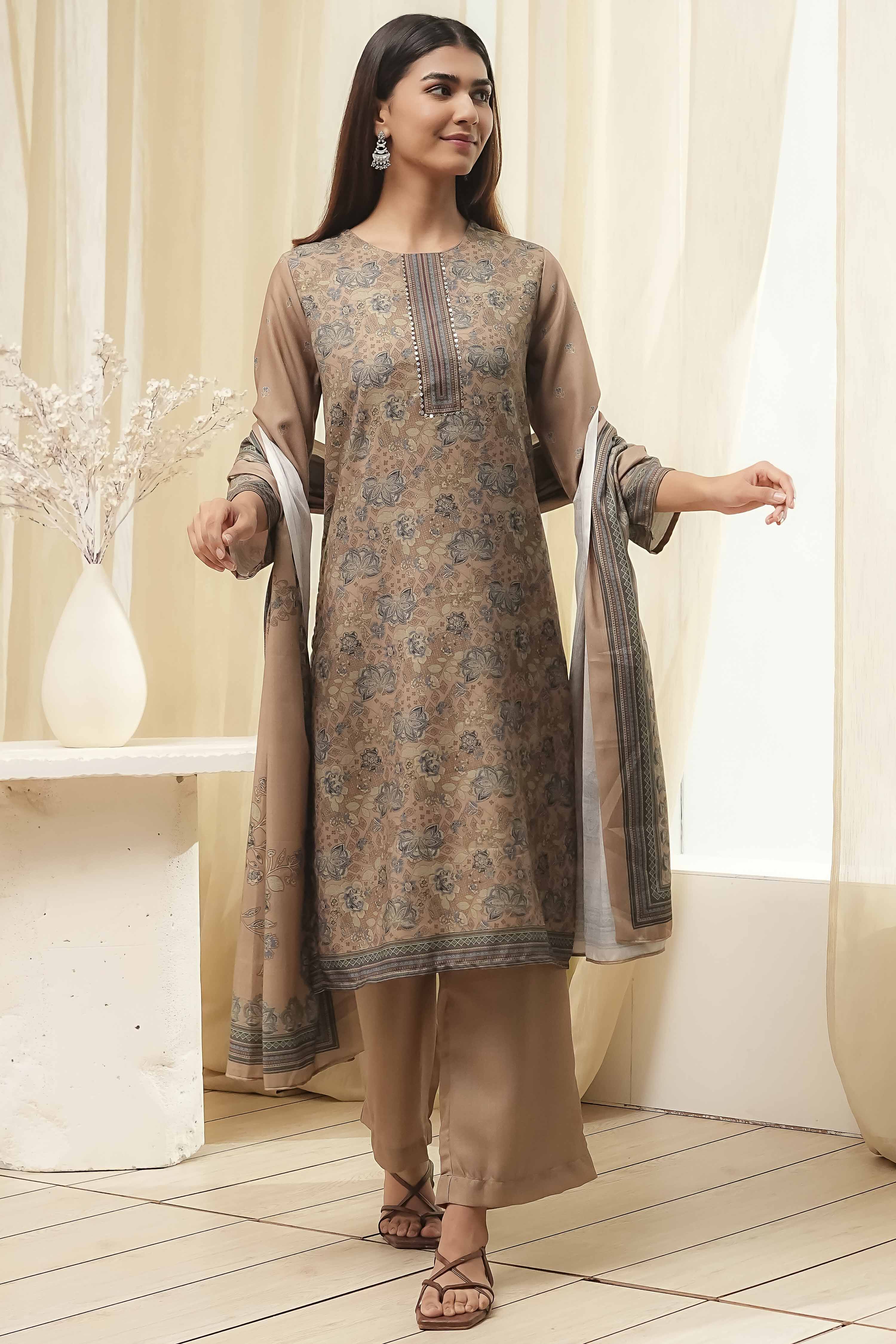 Camel Art Silk Straight Suit Set image number 6