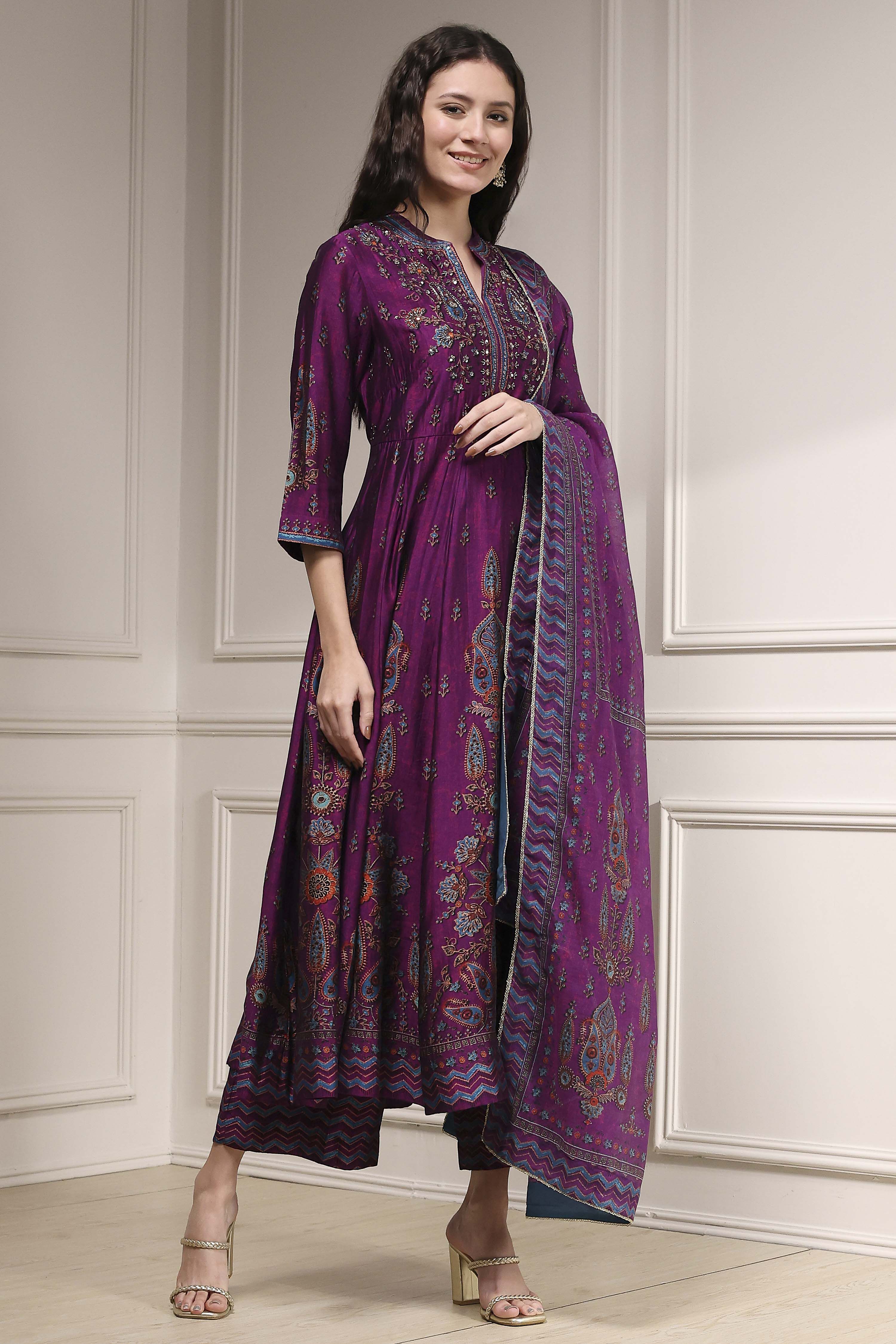 Purple Printed Anarkali Suit Set image number 5