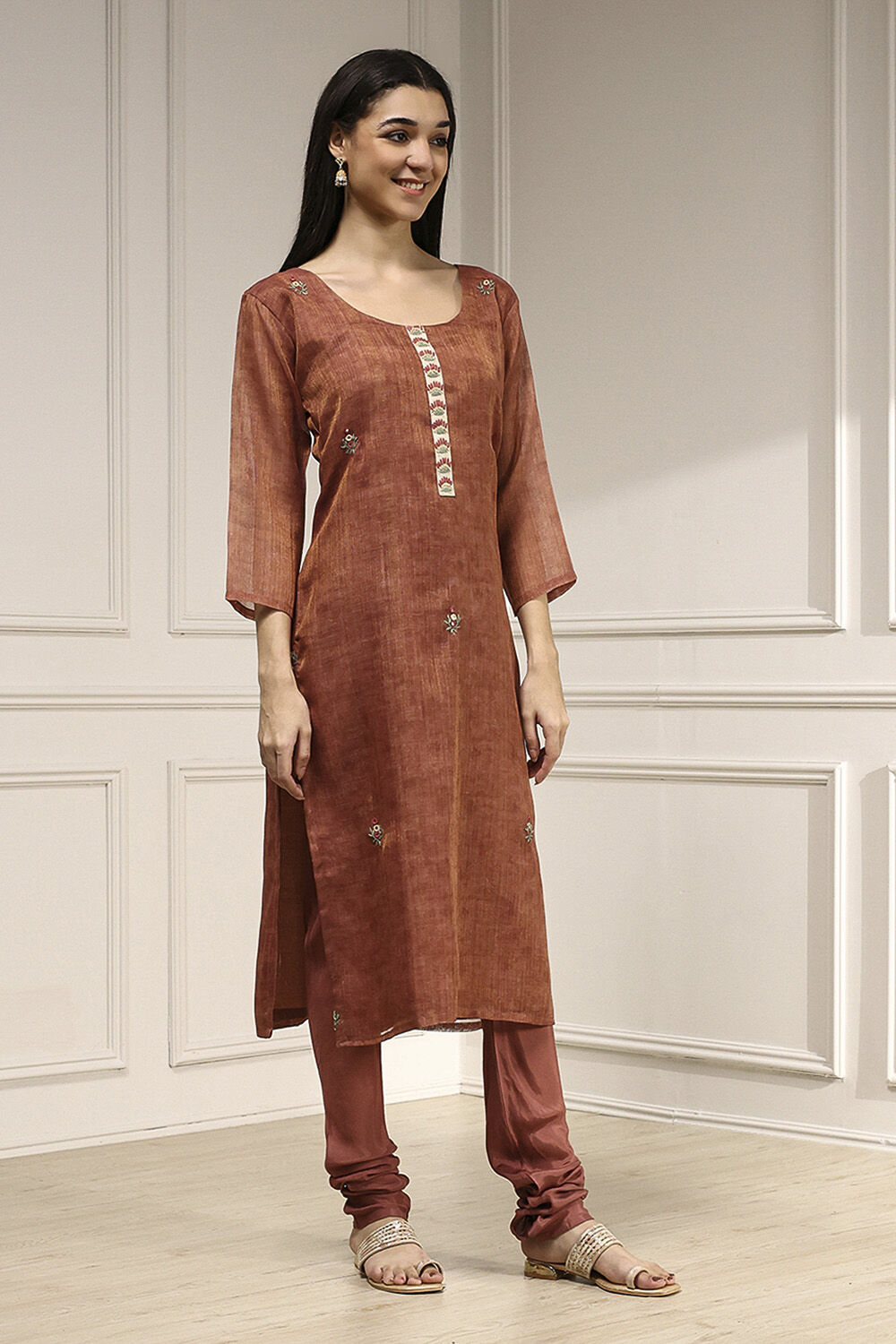 Rust Linen Blend Hand Embroidered Unstitched Suit Set image number 6