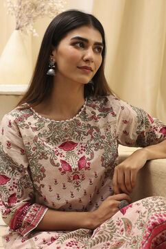 Beige Cotton Printed Straight Kurta image number 0