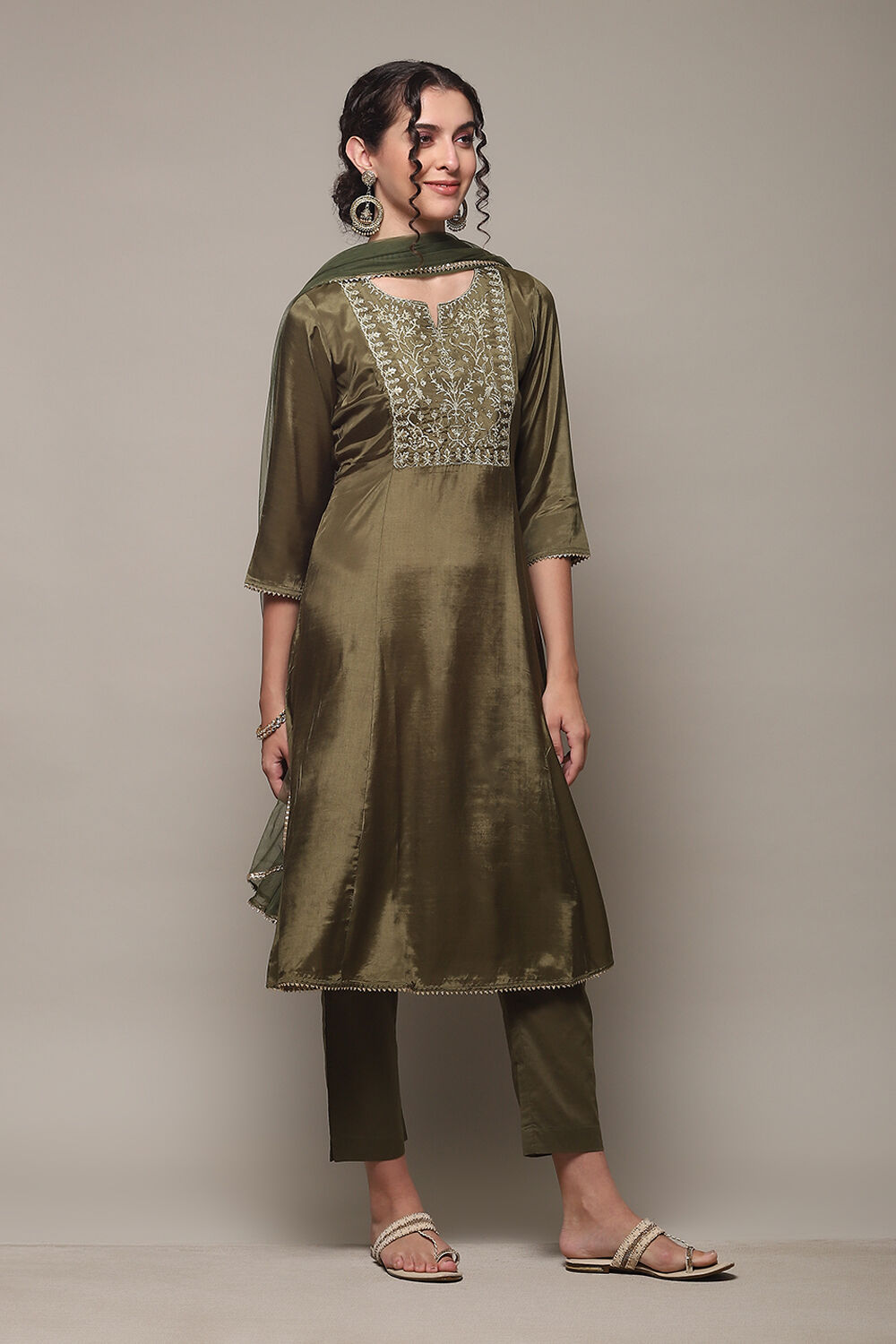 Mustard Viscose Kalidar Kurta Slim Pant Suit Set image number 6