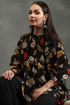 Rohit Bal Black Silk Chanderi Floral Printed Gathered Co-ord Set image number 1