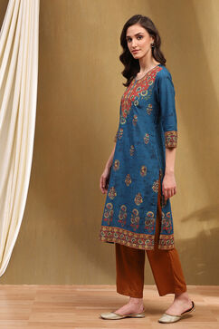 Navy Blue Cotton Printed Straight Kurta image number 3