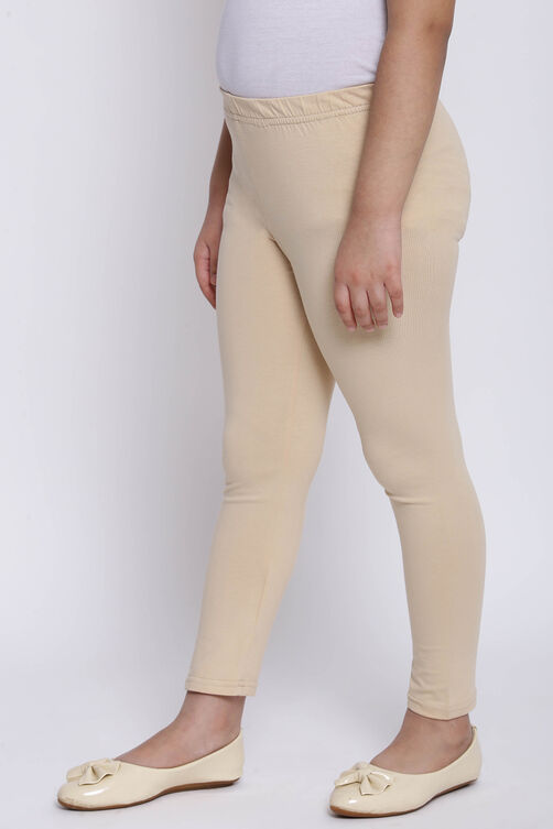 Beige Cotton Lycra Solid Leggings image number 0