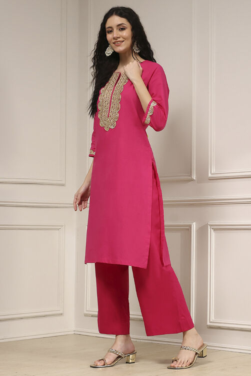 Fuchsia Cotton Straight Solid Kurta image number 3