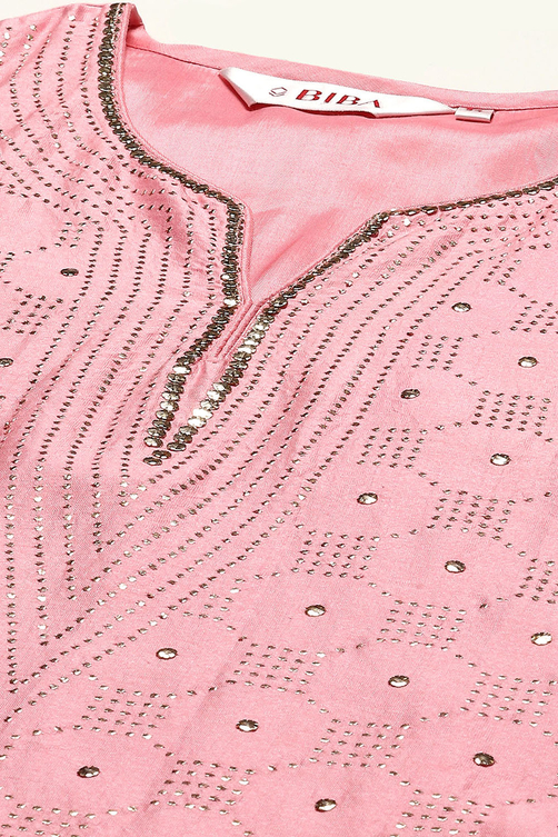 Pink Yard-Dyed Chanderi Kurta & Pants Suit Set image number 1