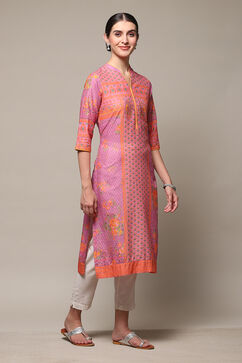 Purple Cotton Straight Printed Kurta image number 3