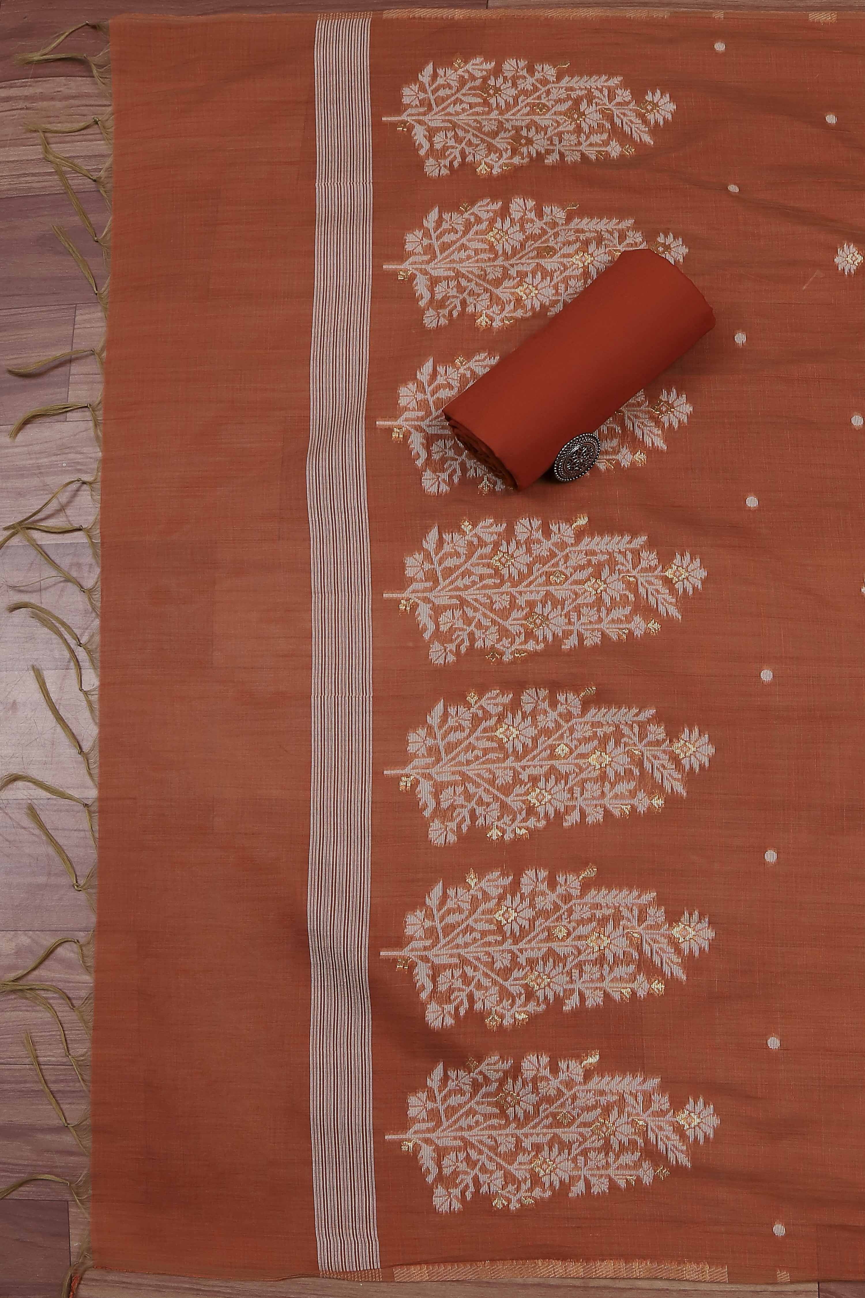 Rust Cotton Jamdani Unstitched Suit Set image number 3