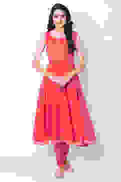 Coral Cotton Blend Flared Kurta Churidar Suit Set image number 2