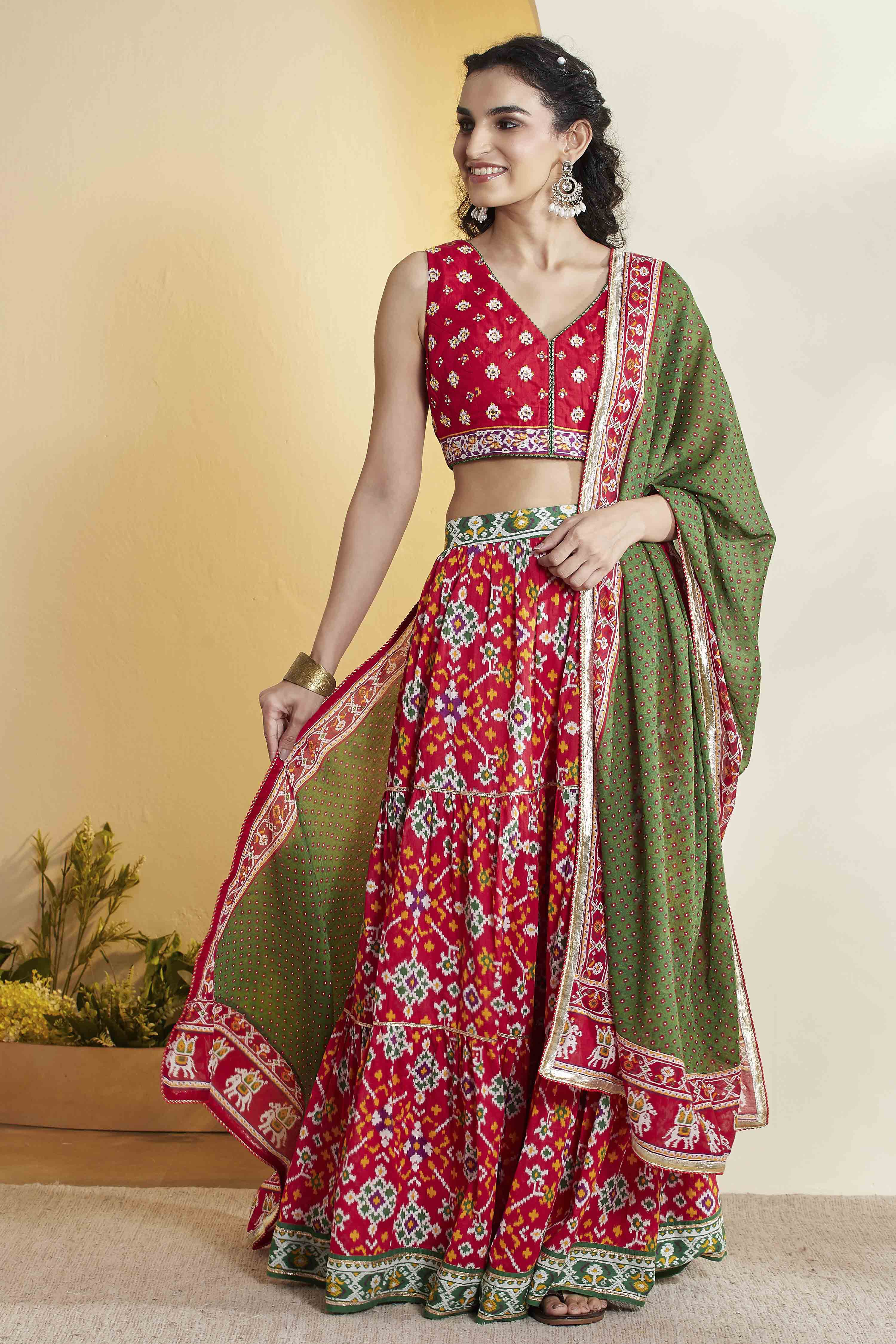 Red Cotton Gathered Lehenga Set image number 7
