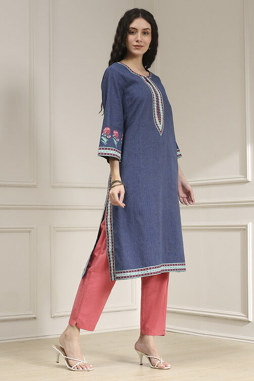 Indigo Blue Cotton Straight Printed Kurta image number 4