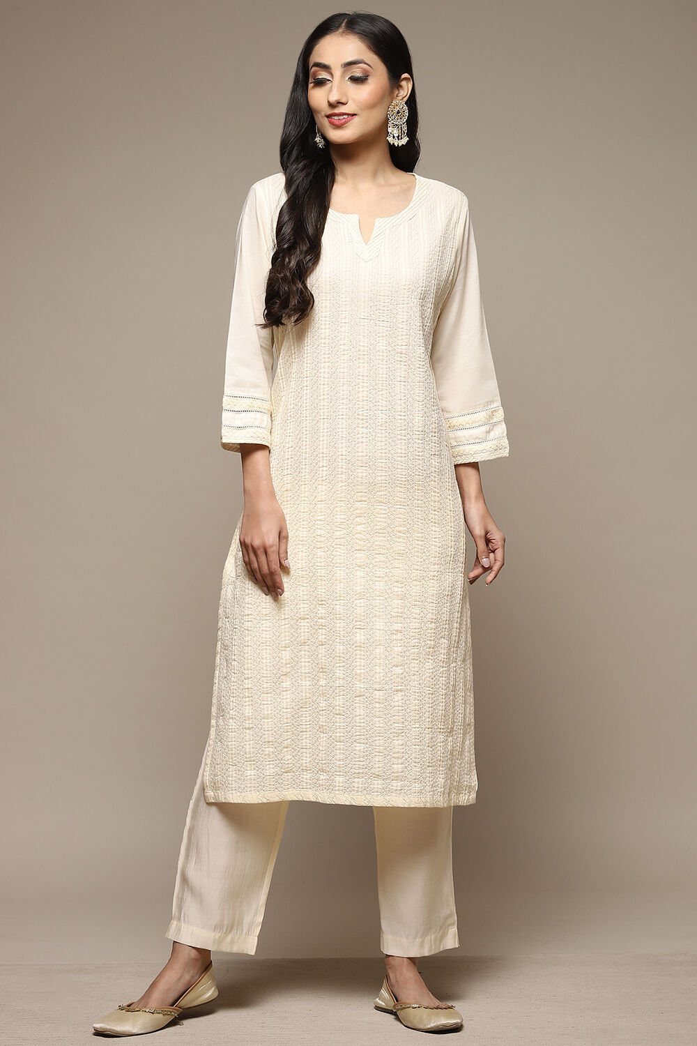 Off White Cotton Straight Kurta image number 0