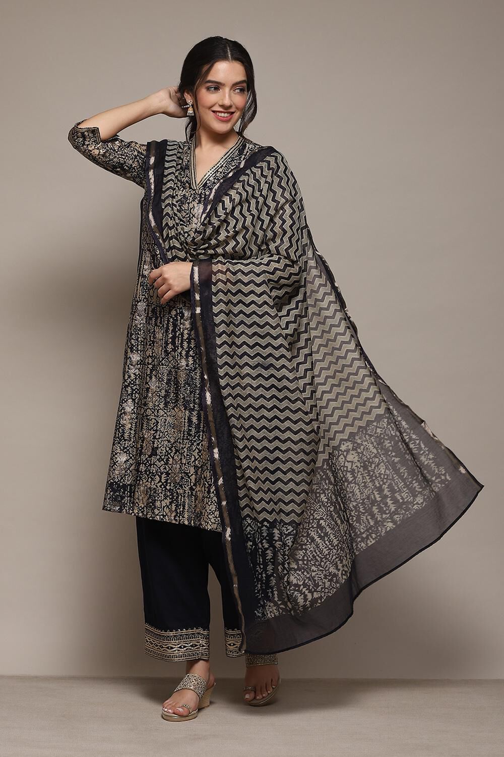 Indigo Cotton Blend Kalidar Printed Kurta Palazzo Suit Set image number 7