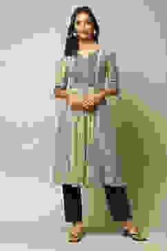 Beige & Black LIVA Straight Printed Kurta image number 1