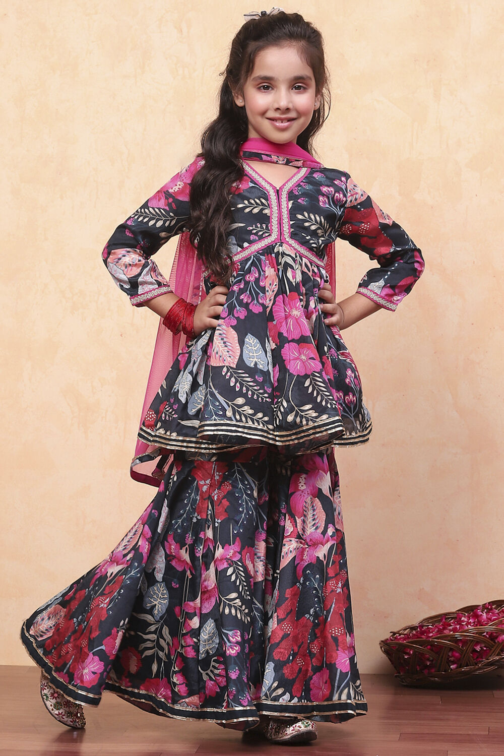 Teal Polyester Printed Gathered Sharara Suit Set image number 6