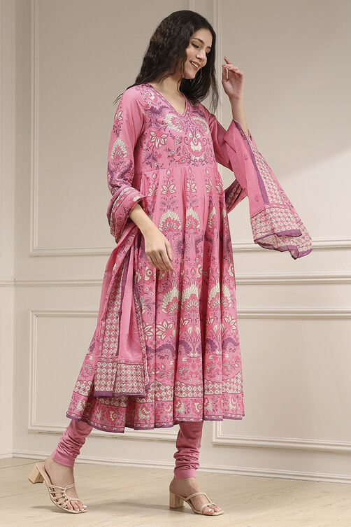 Light Pink Cotton Printed Anarkali Suit Set image number 5